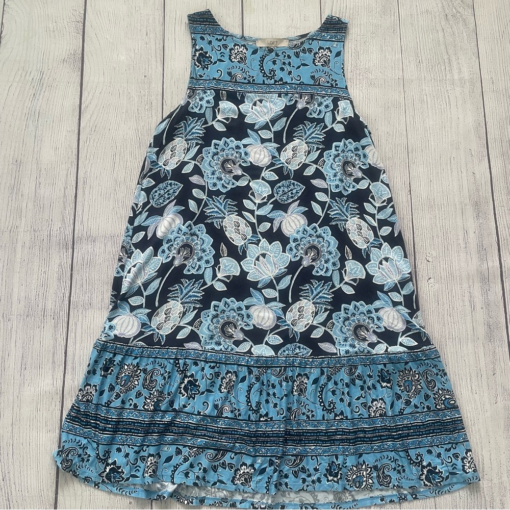 LOFT Navy and Light Blue Floral Midi Shift Dress Size Medium